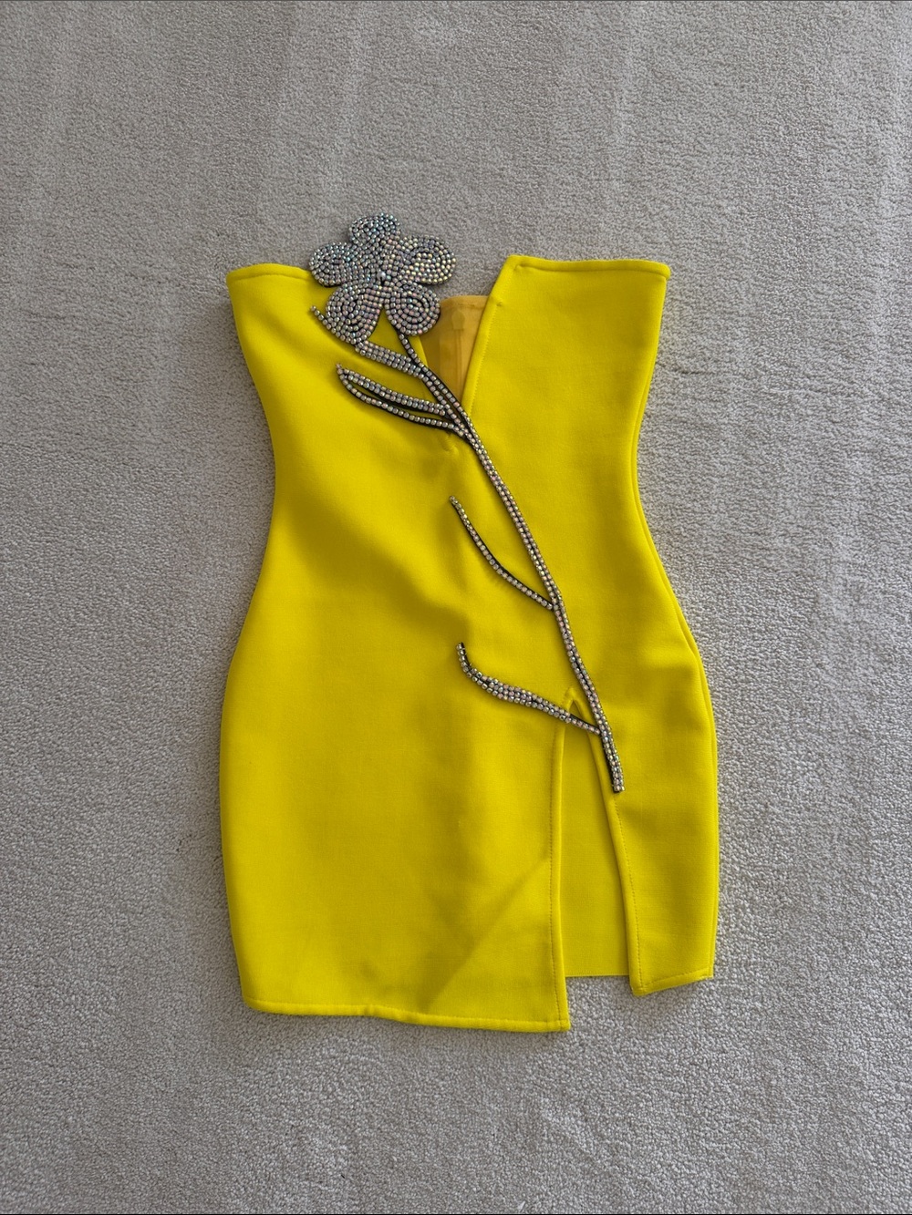 Yellow Strapless Mini Dress with Rhinestone Floral Detail